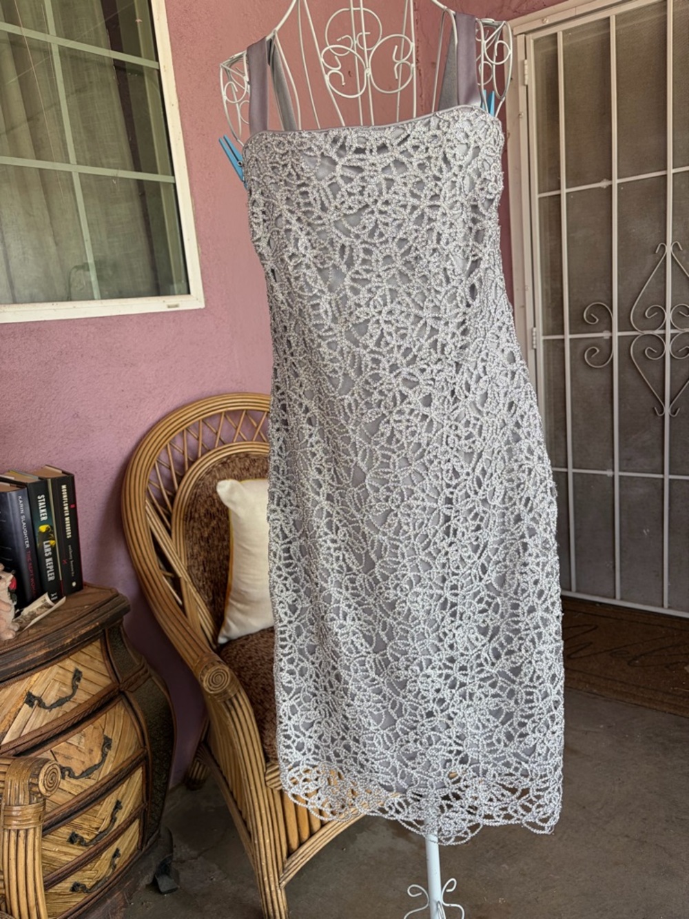 R&M Richards Silver Crochet Lace Midi Dress